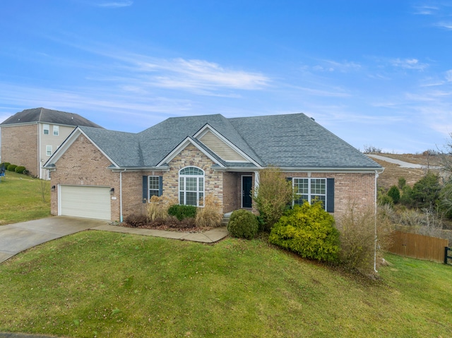 single story home with brick siding, concrete driveway, a front lawn, and a shingled roof