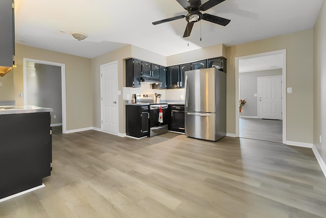 kitchen with ceiling fan, light hardwood / wood-style flooring, and stainless steel appliances