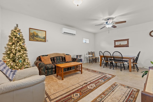 living room with ceiling fan and a wall unit AC