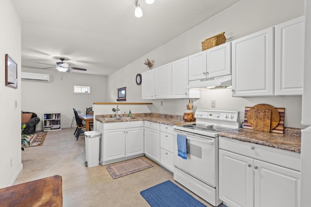 kitchen featuring white range with electric stovetop, a wall mounted AC, ceiling fan, sink, and white cabinets