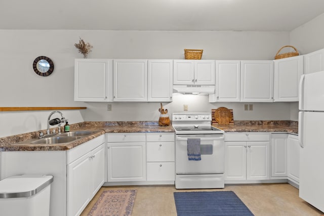 kitchen with sink, white cabinets, and white appliances