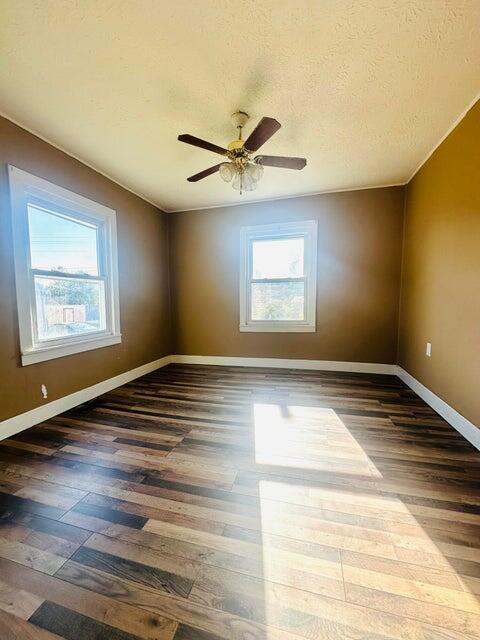 unfurnished room featuring a textured ceiling, ceiling fan, and dark wood-type flooring