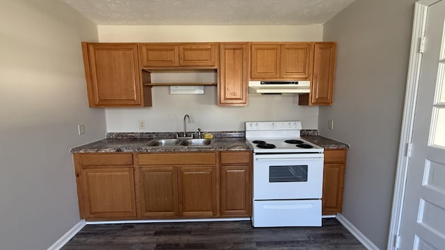 kitchen with a textured ceiling, dark hardwood / wood-style floors, electric stove, and sink