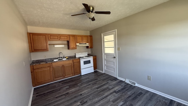 kitchen featuring sink, dark hardwood / wood-style flooring, a textured ceiling, and white electric stove