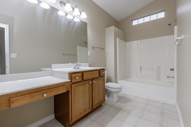 full bathroom with vanity, shower / bath combination, toilet, and vaulted ceiling