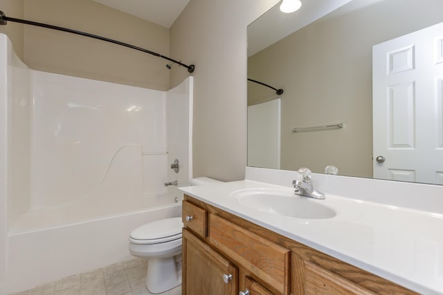 full bathroom with vanity, bathtub / shower combination, and toilet