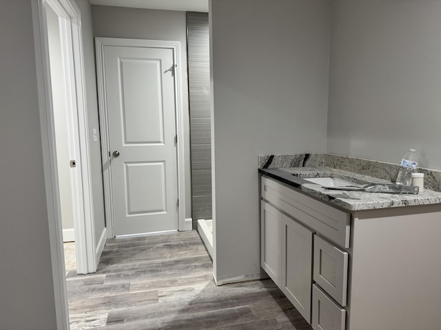 bathroom with a shower, vanity, and wood-type flooring