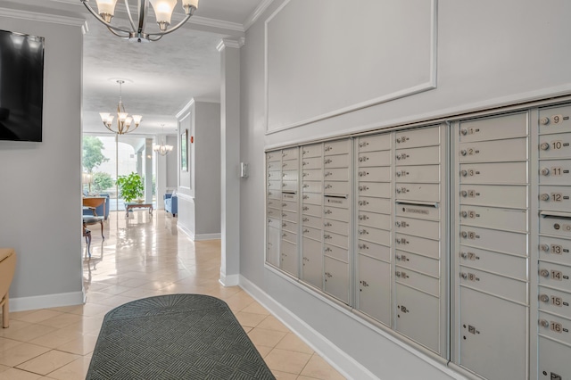 view of community with mail boxes and an inviting chandelier