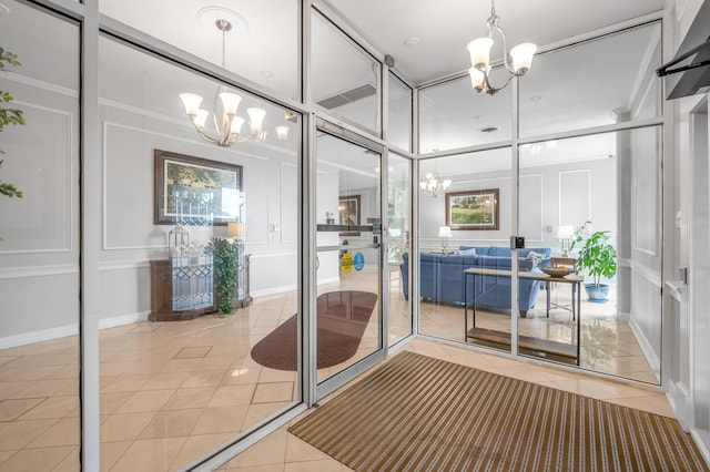 interior space featuring tile patterned flooring and a notable chandelier