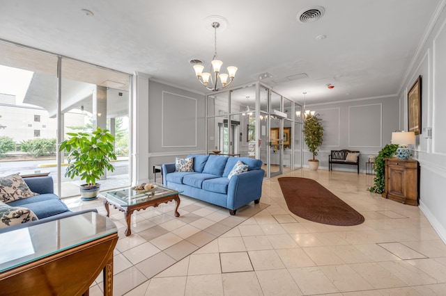 interior space featuring light tile patterned floors, crown molding, and a notable chandelier