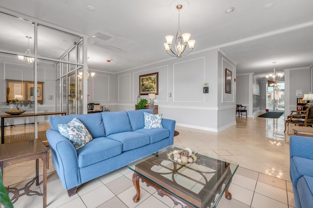 living room featuring light tile patterned floors, crown molding, and an inviting chandelier