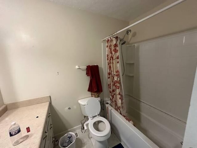 full bathroom featuring vanity, shower / tub combo, and toilet