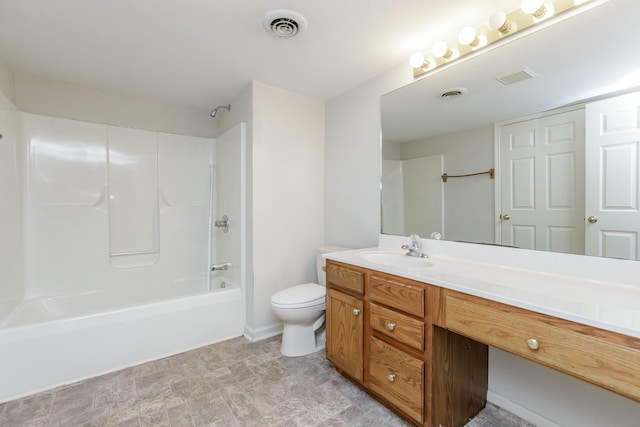 full bathroom with vanity, bathtub / shower combination, and toilet