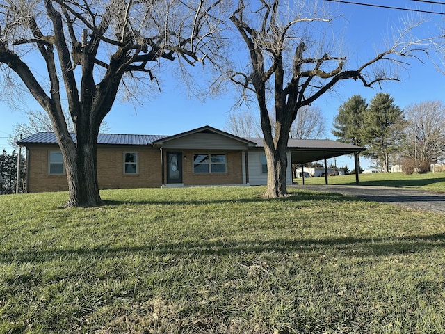 single story home with a carport and a front lawn