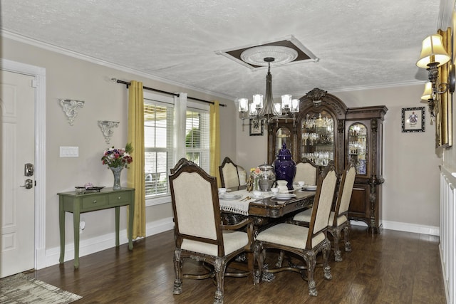 dining space with a chandelier, dark hardwood / wood-style flooring, a textured ceiling, and crown molding