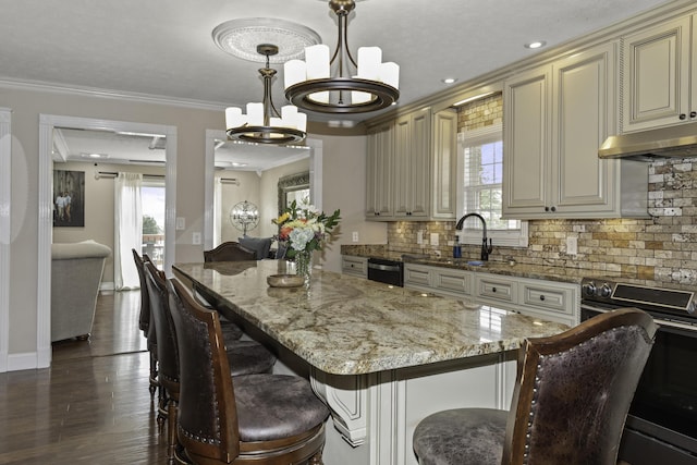 kitchen featuring electric range, sink, tasteful backsplash, light stone counters, and crown molding