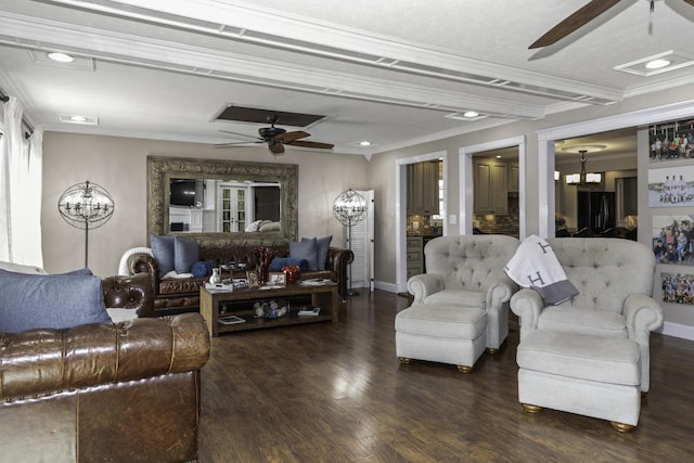 living room with beamed ceiling, dark hardwood / wood-style flooring, ceiling fan, and ornamental molding