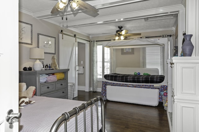 bedroom featuring a barn door, crown molding, ceiling fan, and dark hardwood / wood-style floors