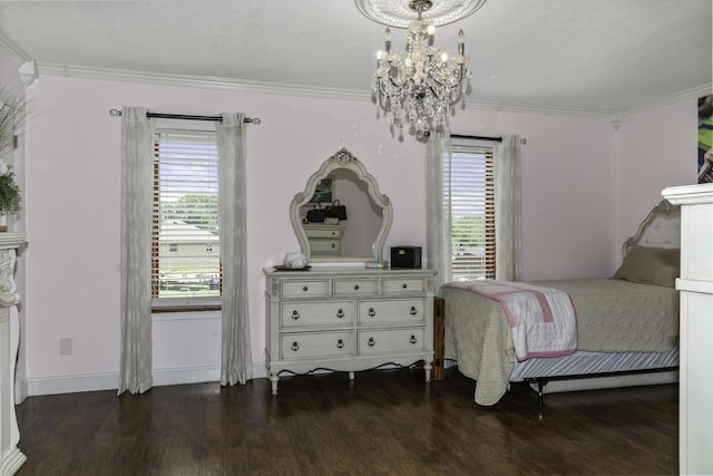 bedroom with crown molding, dark hardwood / wood-style flooring, multiple windows, and an inviting chandelier