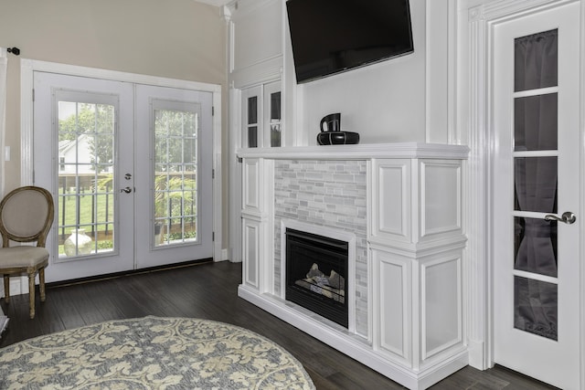 living room featuring french doors and dark wood-type flooring