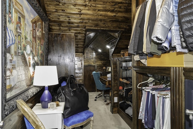 miscellaneous room with carpet, wood ceiling, wooden walls, and vaulted ceiling