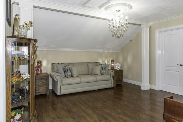 living room featuring lofted ceiling, an inviting chandelier, crown molding, a textured ceiling, and dark hardwood / wood-style flooring