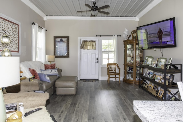 living room featuring dark hardwood / wood-style floors, ceiling fan, and ornamental molding