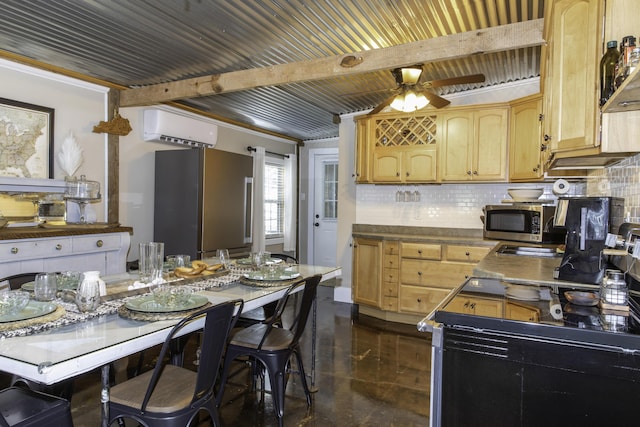 kitchen with appliances with stainless steel finishes, tasteful backsplash, a wall mounted AC, ceiling fan, and light brown cabinets