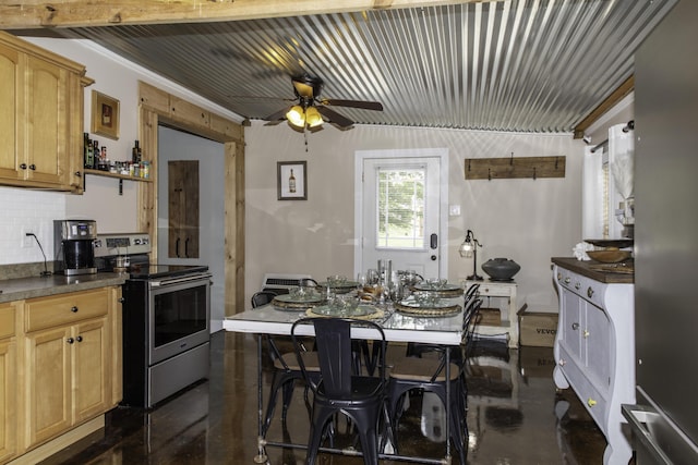 kitchen with stainless steel electric stove, decorative backsplash, ceiling fan, ornamental molding, and light brown cabinetry