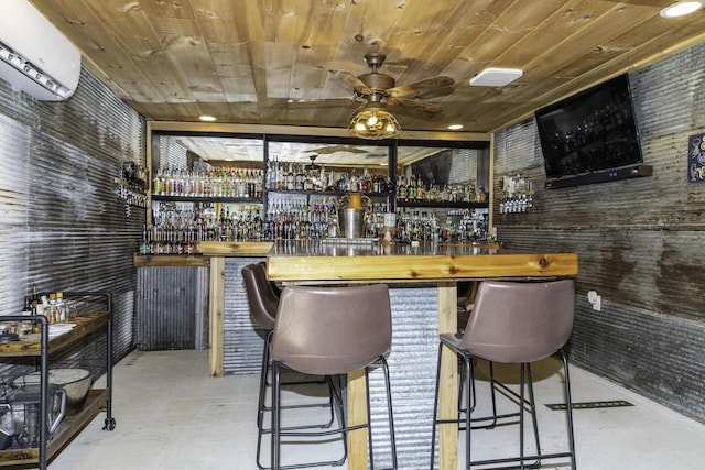 bar featuring an AC wall unit, ceiling fan, and wooden ceiling