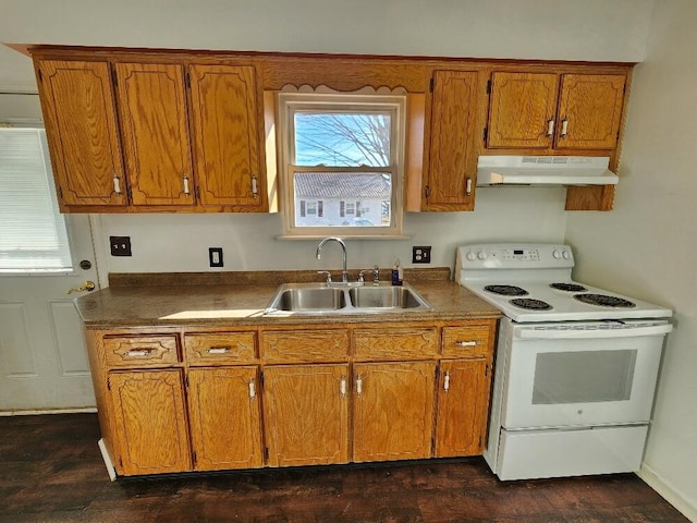 kitchen with dark hardwood / wood-style flooring, electric range, and sink