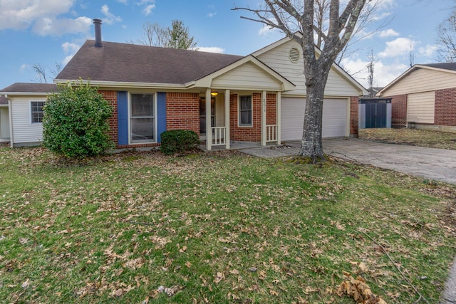 ranch-style home featuring an attached garage, brick siding, a shingled roof, driveway, and a front lawn