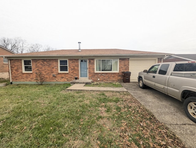 ranch-style house with a garage and a front lawn