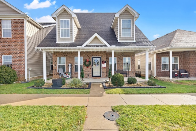 cape cod-style house featuring a front yard and a porch