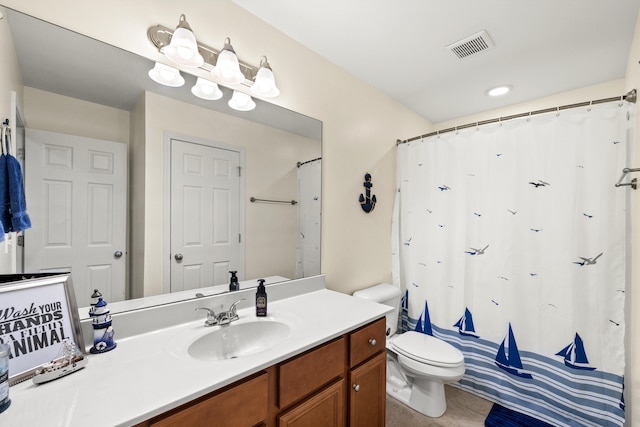 full bathroom featuring toilet, tile patterned flooring, visible vents, and vanity