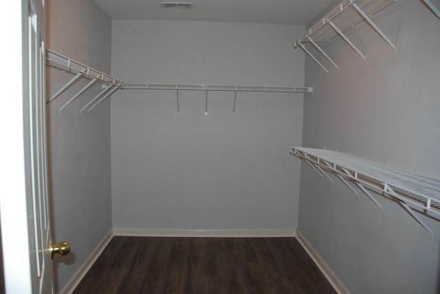 walk in closet with dark wood-type flooring