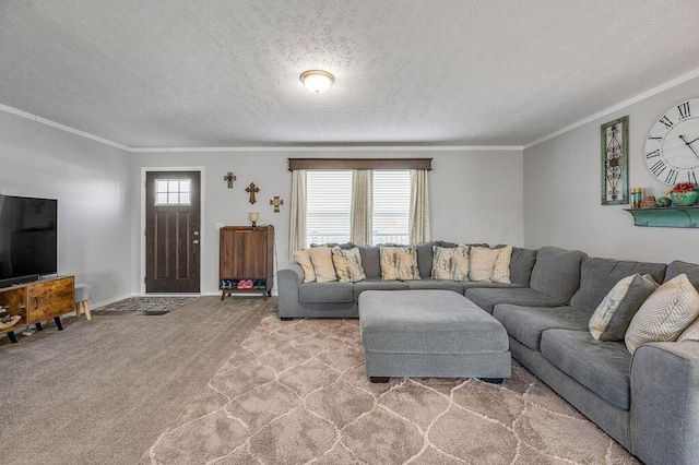 living room featuring light carpet, a textured ceiling, and ornamental molding