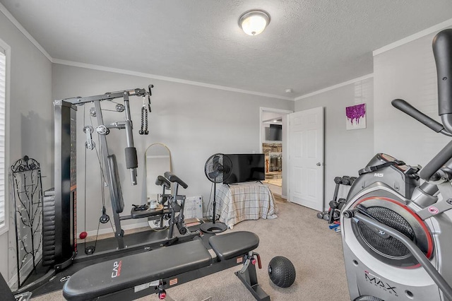 workout room with carpet flooring, a textured ceiling, and crown molding