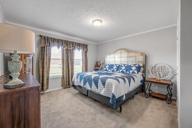 carpeted bedroom featuring crown molding and a textured ceiling