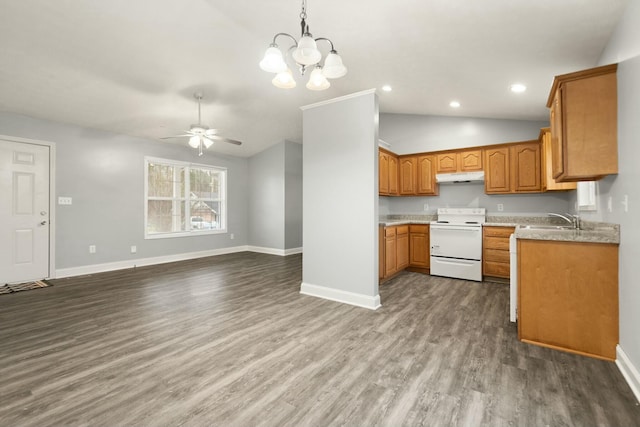 kitchen with ceiling fan with notable chandelier, sink, wood-type flooring, decorative light fixtures, and white electric range