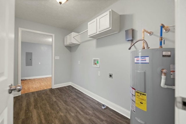 laundry area with cabinets, hookup for a washing machine, water heater, hookup for an electric dryer, and dark hardwood / wood-style flooring