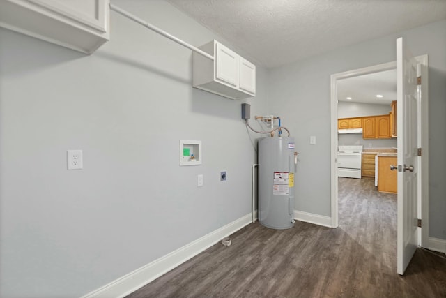 washroom with cabinets, hookup for an electric dryer, electric water heater, dark hardwood / wood-style flooring, and a textured ceiling