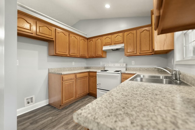 kitchen featuring dark hardwood / wood-style flooring, sink, white electric stove, and vaulted ceiling