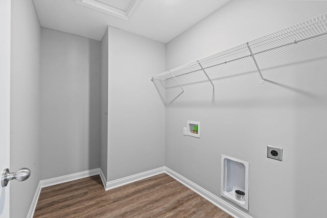 washroom featuring dark wood-type flooring, washer hookup, hookup for an electric dryer, and laundry area