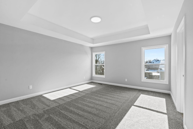 empty room with baseboards, carpet floors, and a tray ceiling