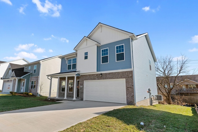 view of front facade featuring brick siding, central air condition unit, a garage, driveway, and a front lawn