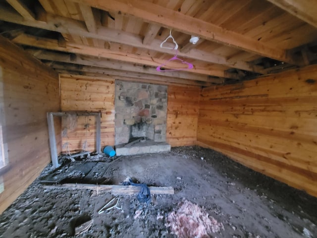 misc room with beam ceiling, wood walls, and wooden ceiling