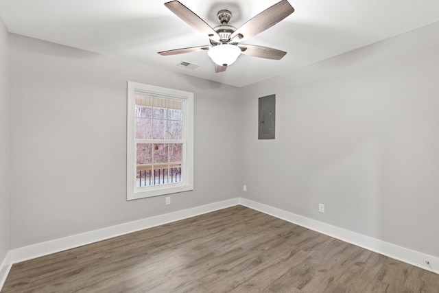 unfurnished room with hardwood / wood-style floors, ceiling fan, and electric panel