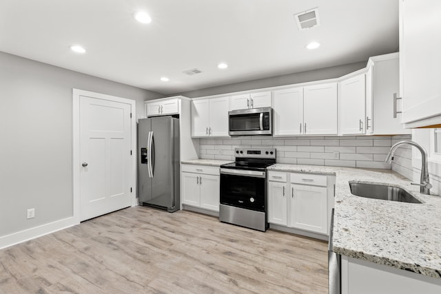 kitchen with white cabinetry, sink, light stone countertops, decorative backsplash, and appliances with stainless steel finishes