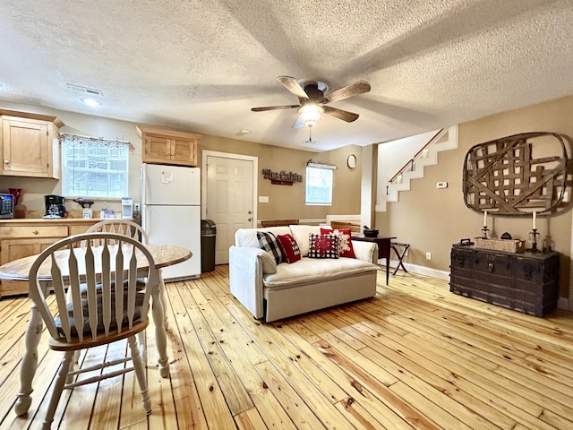 living room with plenty of natural light, light hardwood / wood-style floors, and a textured ceiling